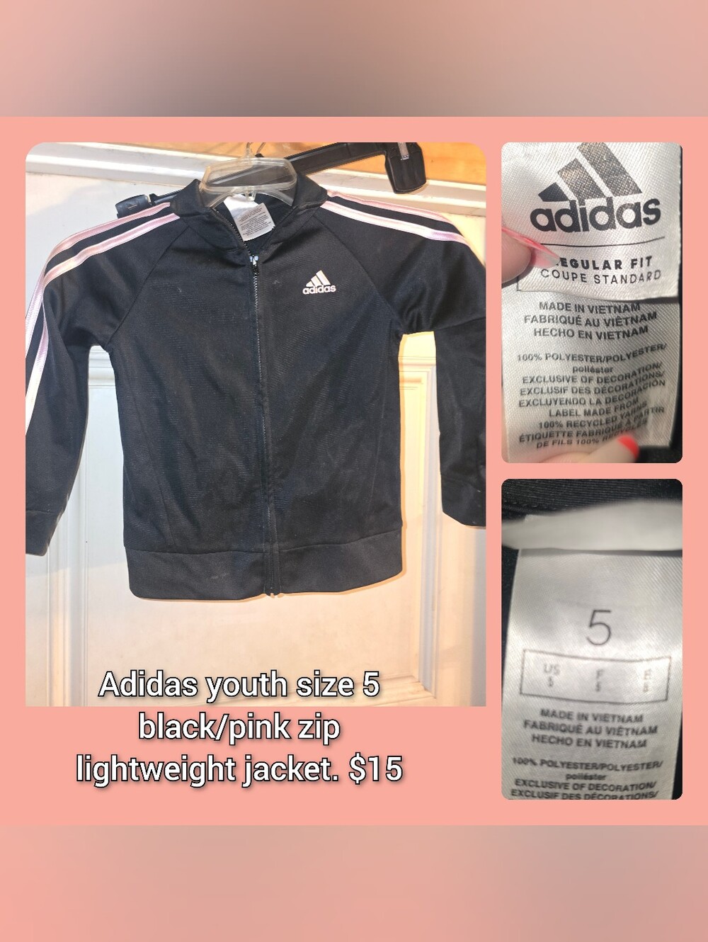 adidas Black Zip-Up Jacket with Pink Shoulder Stripes